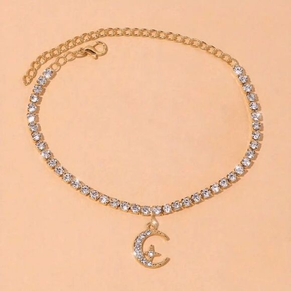 Star Moon Gold Plated Diamond Celestial Anklet - Picture 2 of 4